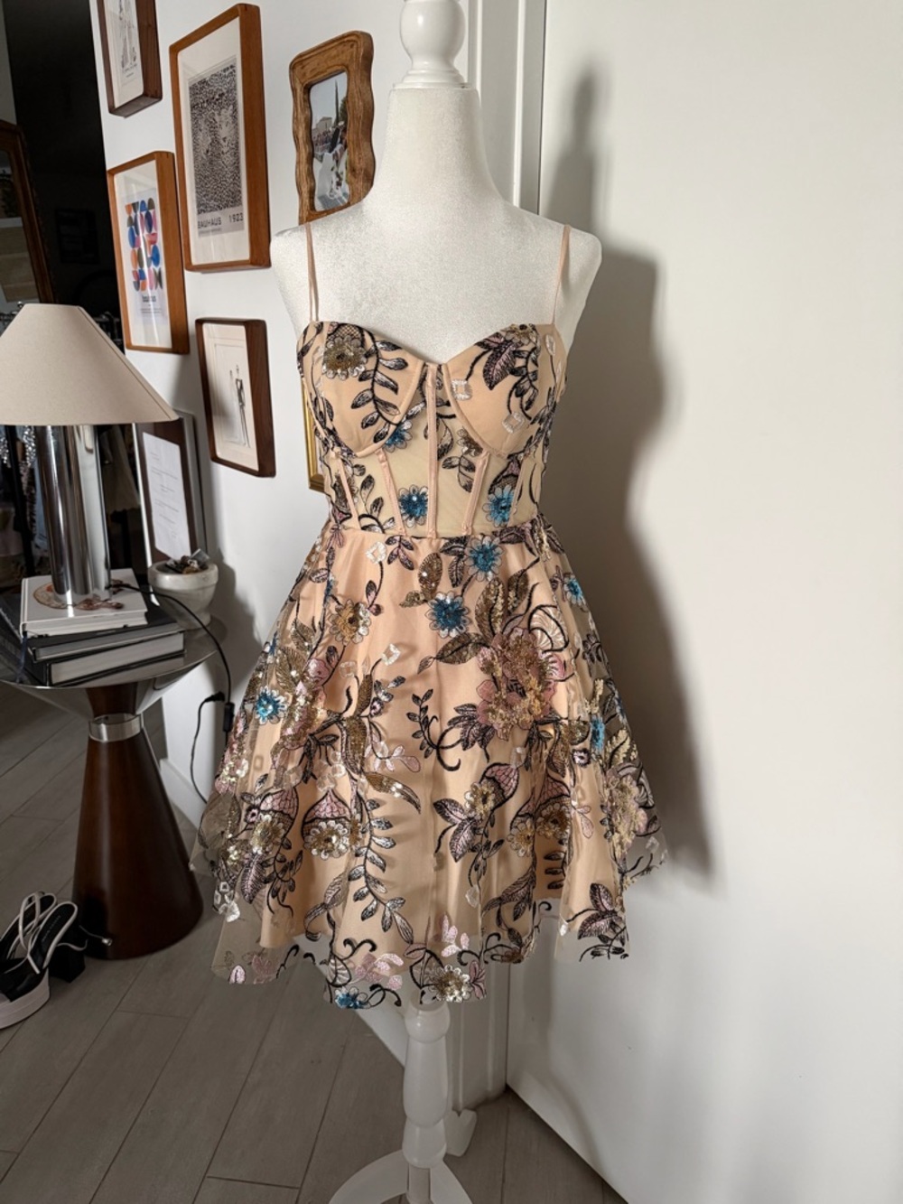 B. Darlin Cream and Black Embroidered Evening Dress